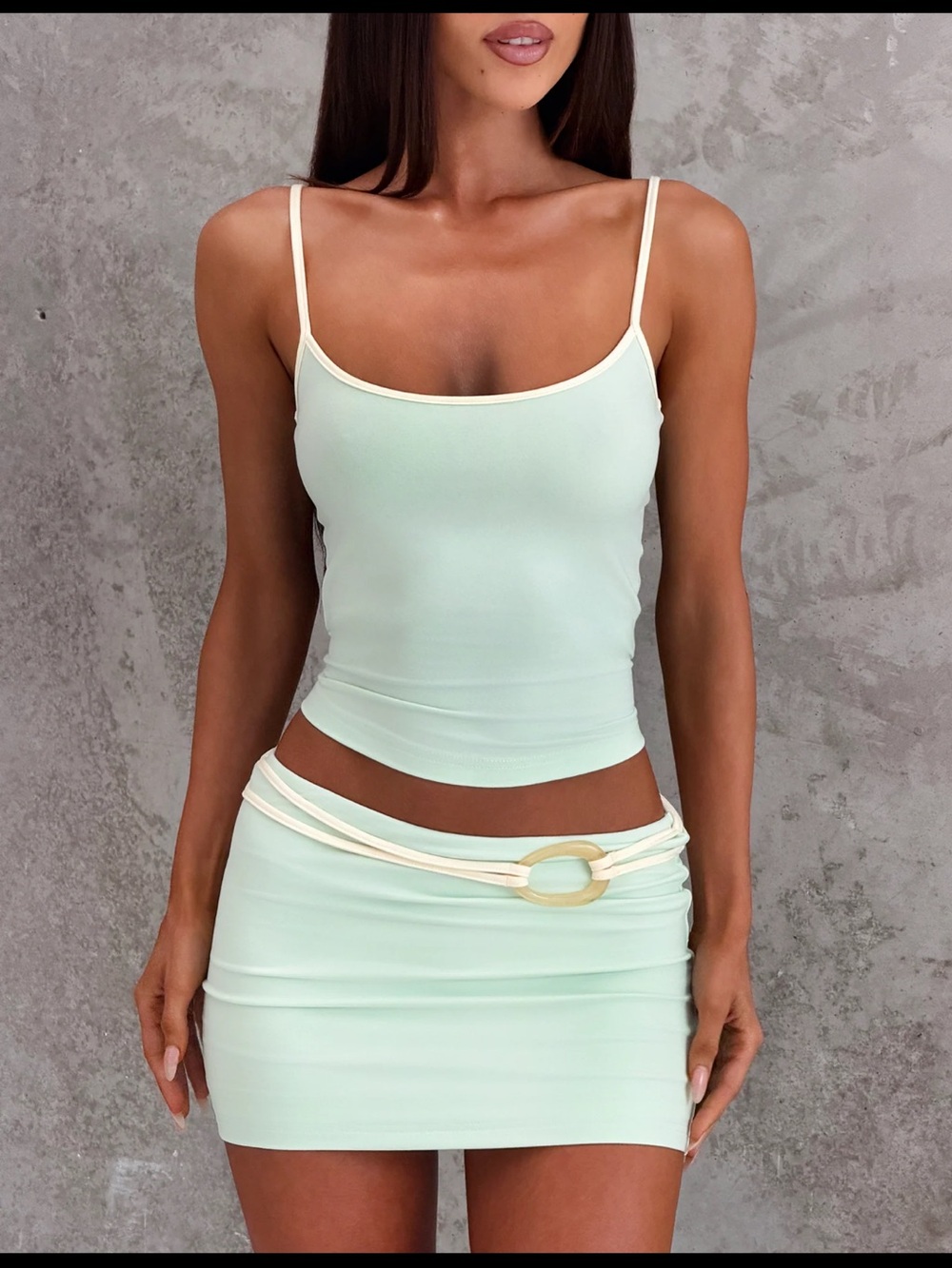 Tiger Mist Mint Green Spaghetti Strap Crop Top and Mini Skirt Set